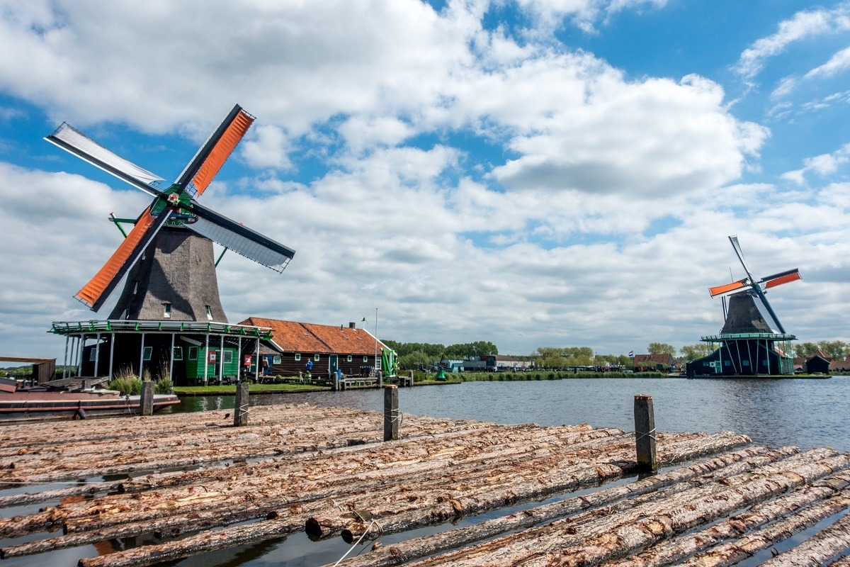 Logs floating in the river in front of the Het Jonge Schaap saw mill at the Zaanse Schans windmill village