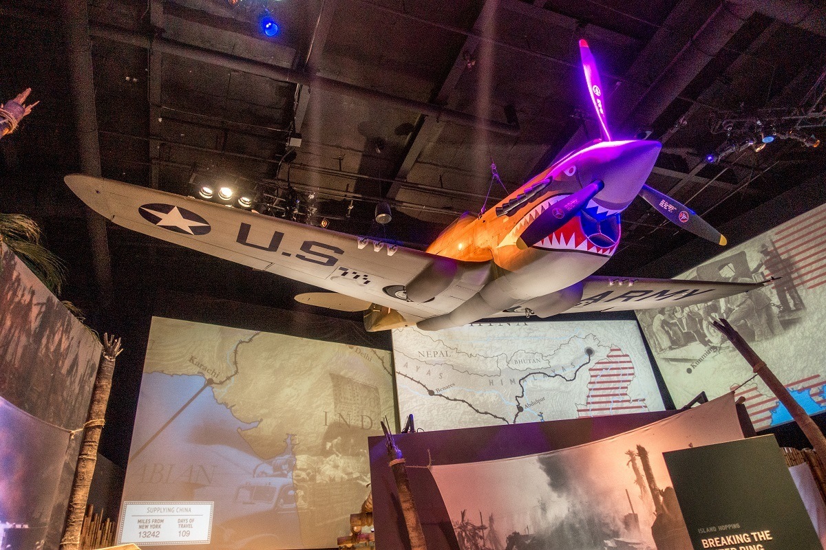 Warhawk plane hanging from ceiling at the National World War II museum