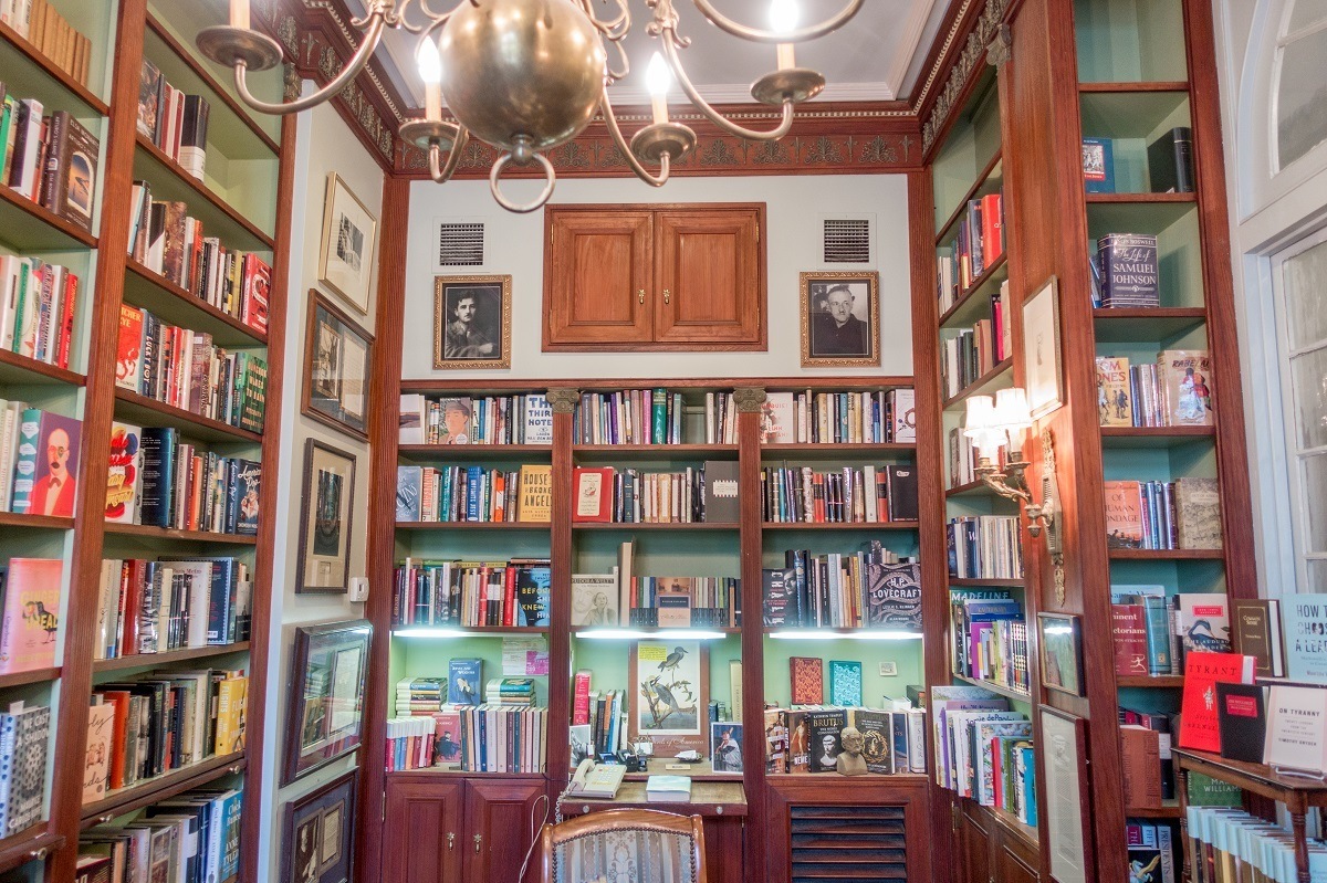 Book-lined walls inside Faulkner House Books