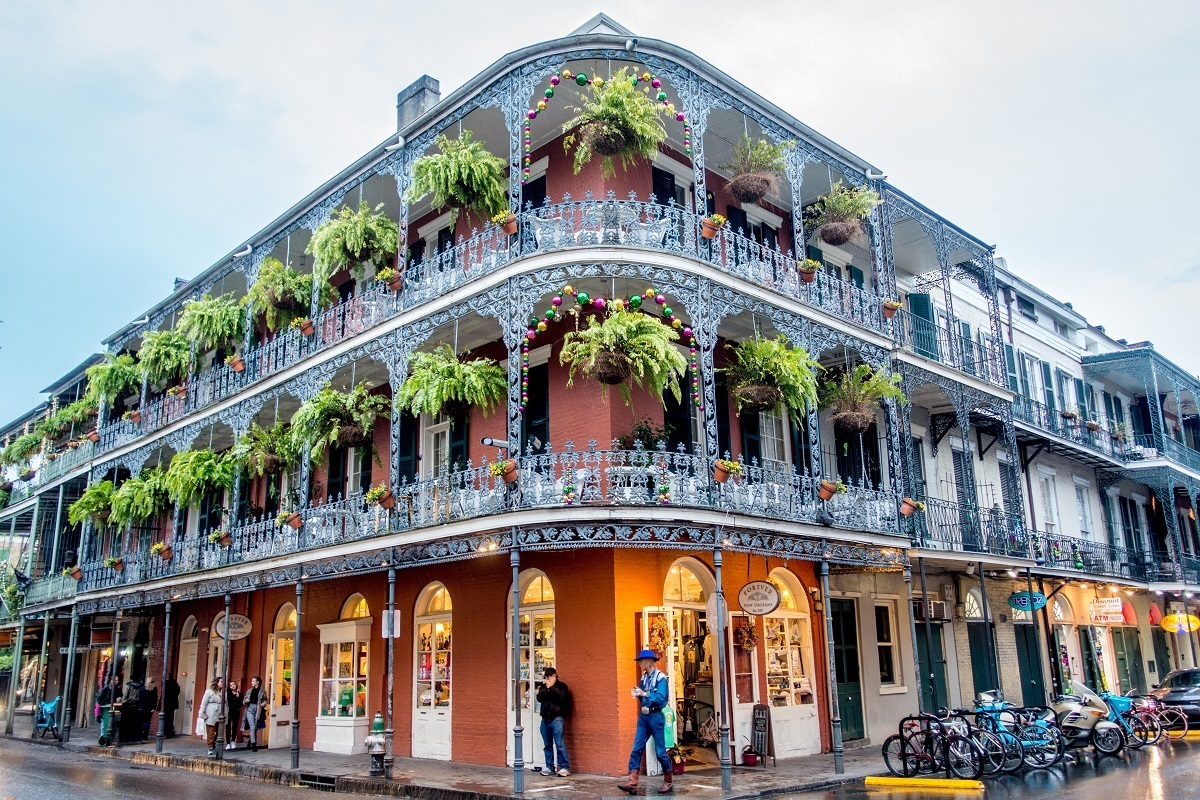 This building with the wrap-around wrought-iron balcony at the corner of Royal and Dumaine is one of the characteristic must see places in New Orleans Louisiana