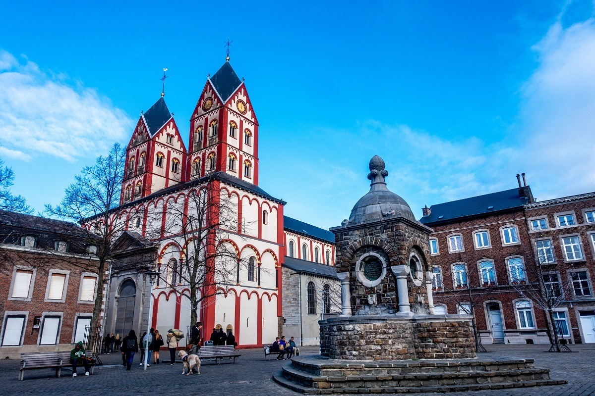 Red and yellow exterior of the Collegiate Church of St. Bartholomew