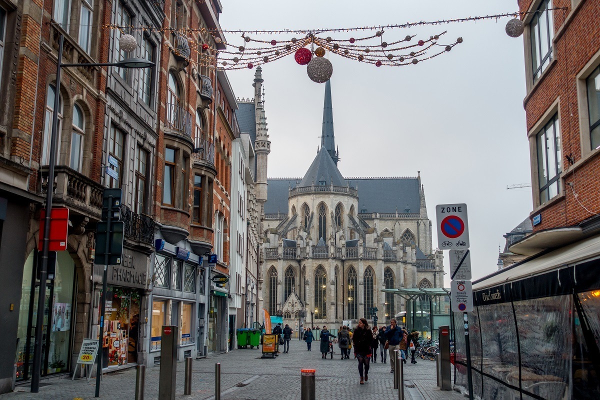 Street in Leuven decorated for winter and the Christmas season