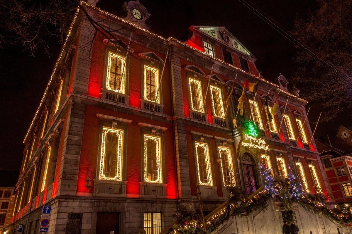 Liege, Belgium, city hall decorated for Christmas