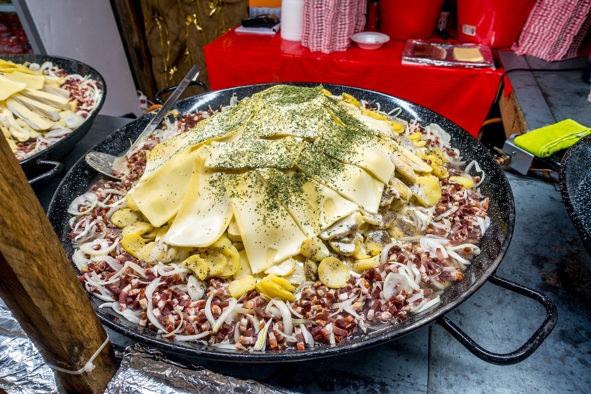 Tartiflette--dish of potatoes, cheese, lardons, onions, and wine