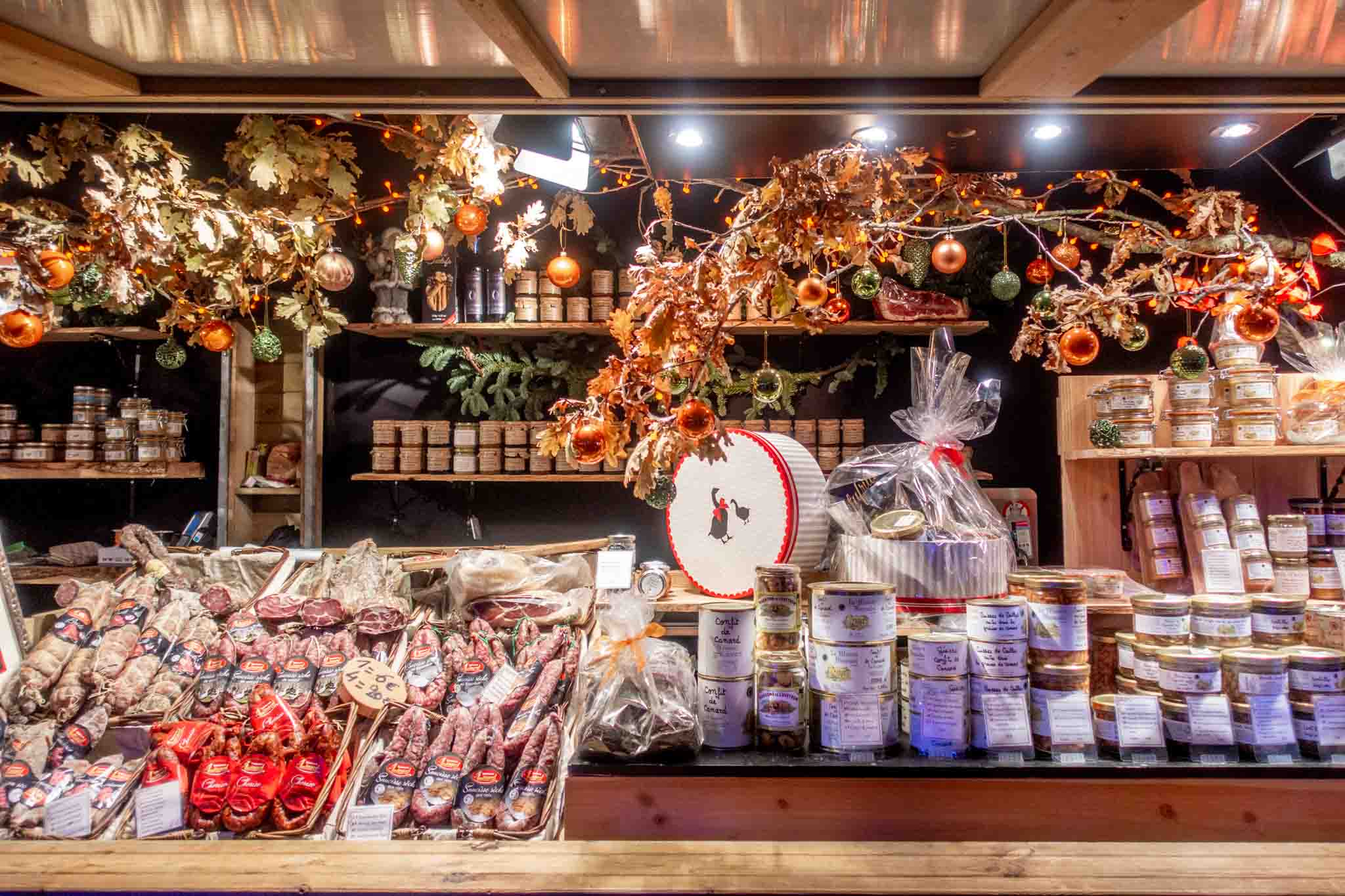 Sausage, pates, and other food for sale