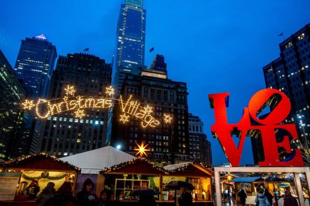 The Christmas market set up in LOVE Park in the winter. LOVE Park is one of the iconic places in Philadelphia, Pennsylvania, to visit.