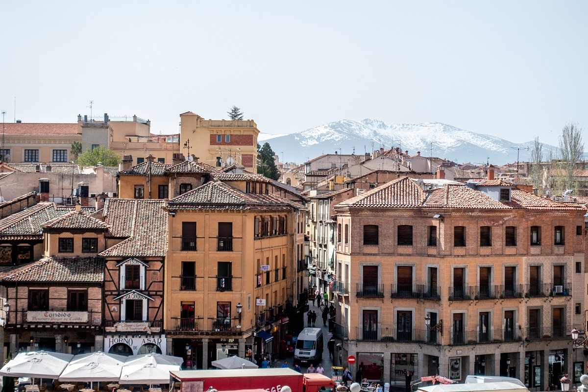 The view of Segovia, Spain, from near the top of the Roman aqueduct