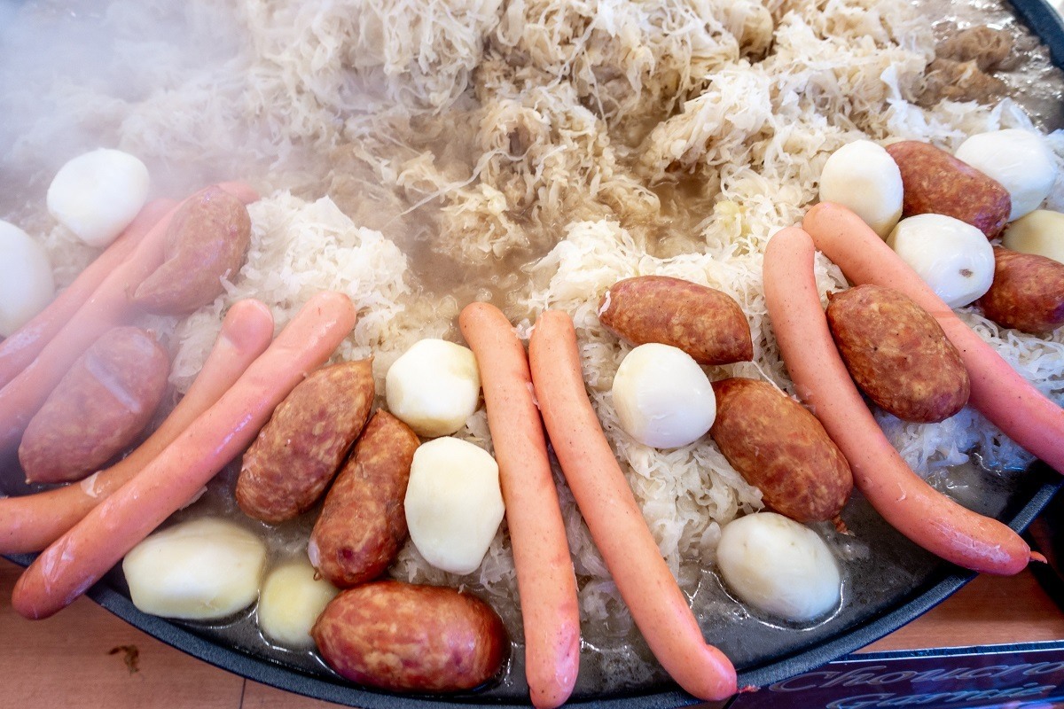 Choucroute garnie is a traditional Strasbourg Christmas market food that is warm and very filling