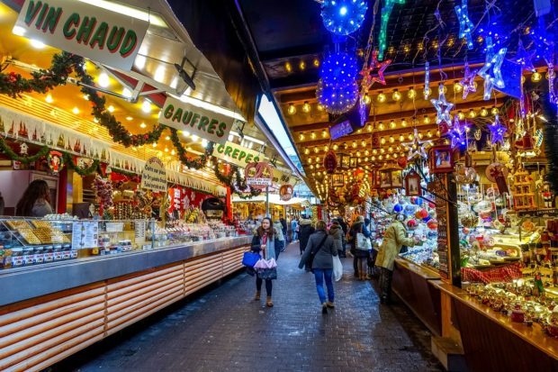 Food and decoration stalls at the Christkindelsmarik, the oldest of the Christmas markets in Strasbourg, France