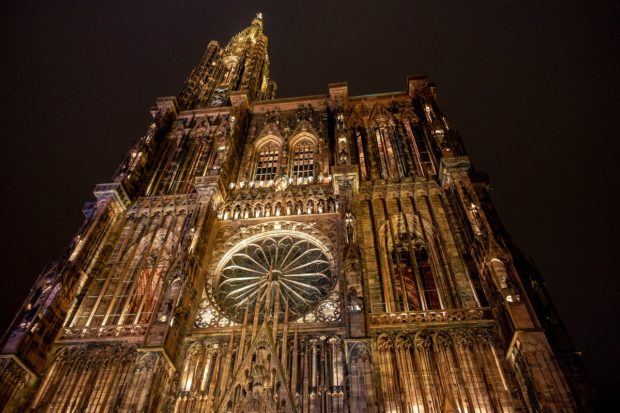 Close up of the Strasbourg Cathedral in Strasbourg, France