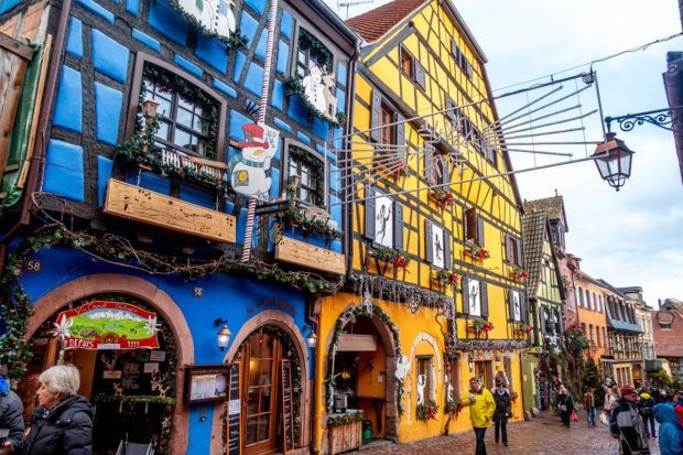 Riquewihr, one of the villages on the Alsatian wine route, decorated for Christmas