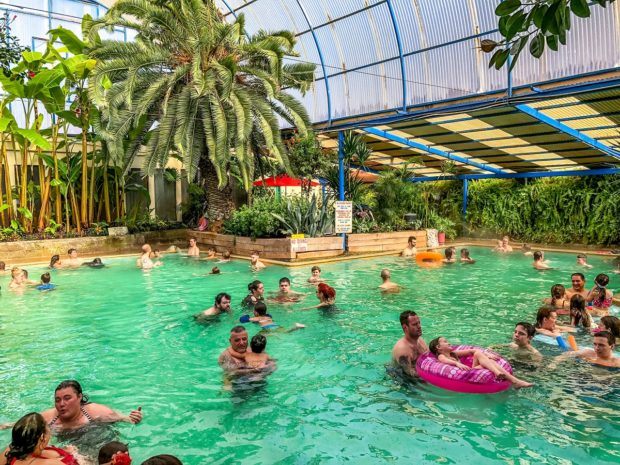 Soaking in the solarium at the Indian Hot Springs in Idaho Springs, Colorado. This is the closest hot springs near Denver Colorado.
