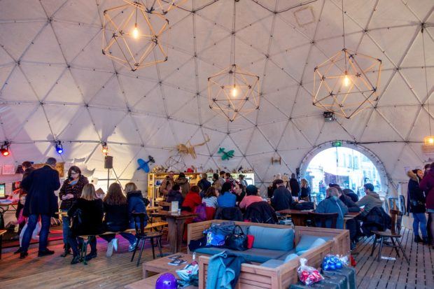 Inside a tent in Place Grimmeissen, part of the OFF market at the Christmas market in Strasbourg France