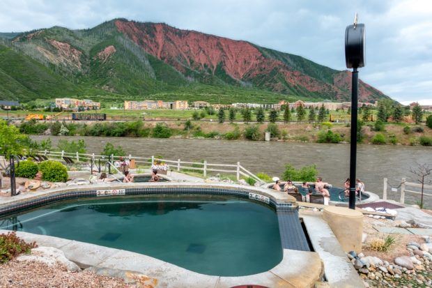 The Iron Mountain Hot Springs in Glenwood Springs, Colorado. Located on the banks of the Colorado River, this is the newest hot springs resort in Colorado.