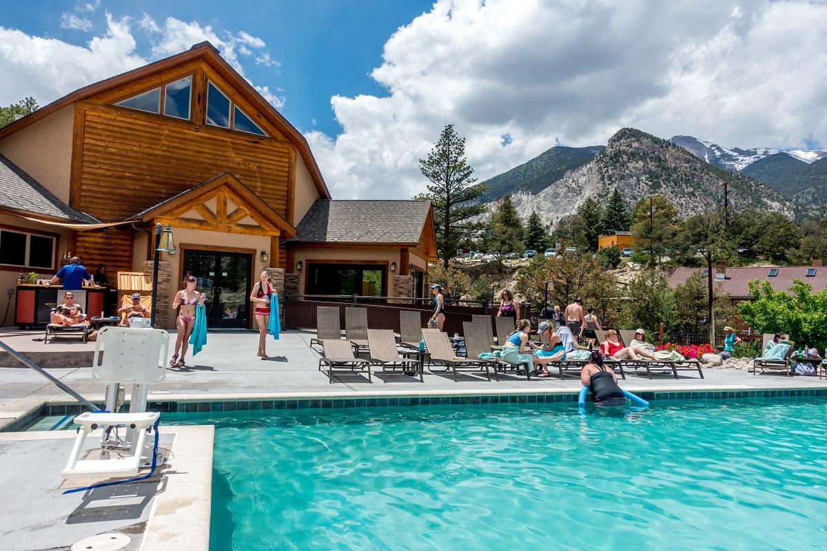People at Mount Princeton hot springs in the mountains.