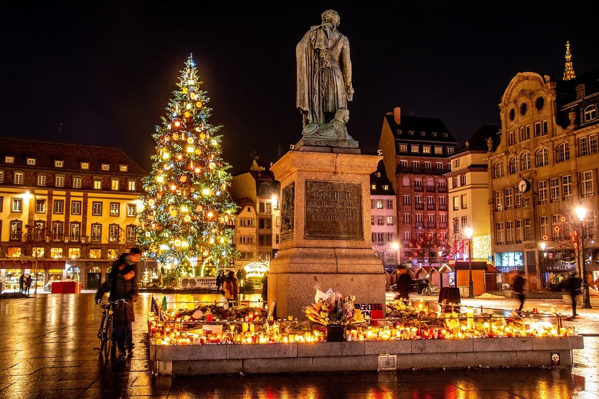 A memorial in Place Kleber honors those who were wounded and killed in an attack at the Strasbourg Christmas market.