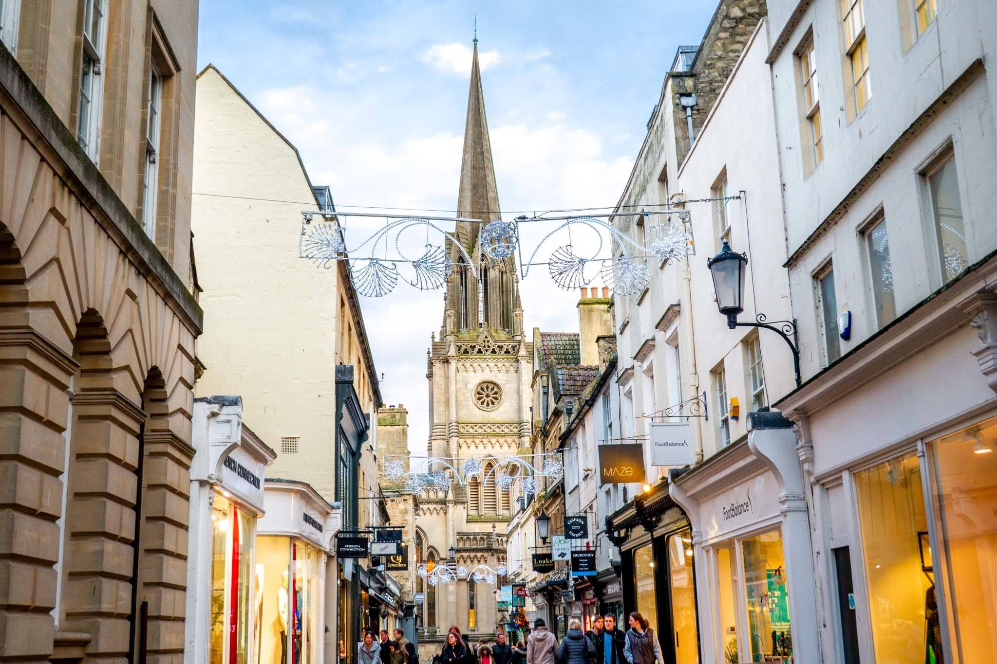 Christmas light displays across Green Street in Bath, England