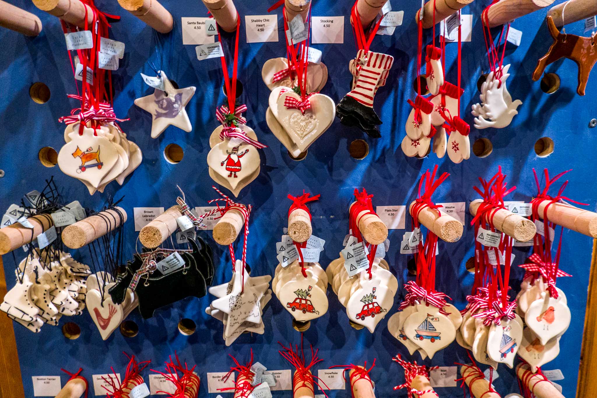 Handmade ornaments for sale at the Christmas market Bath England