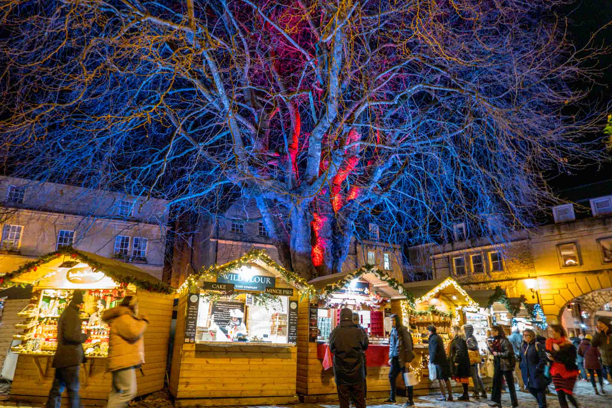Bath Christmas market stalls at night in front of trees lit with purple and red lights