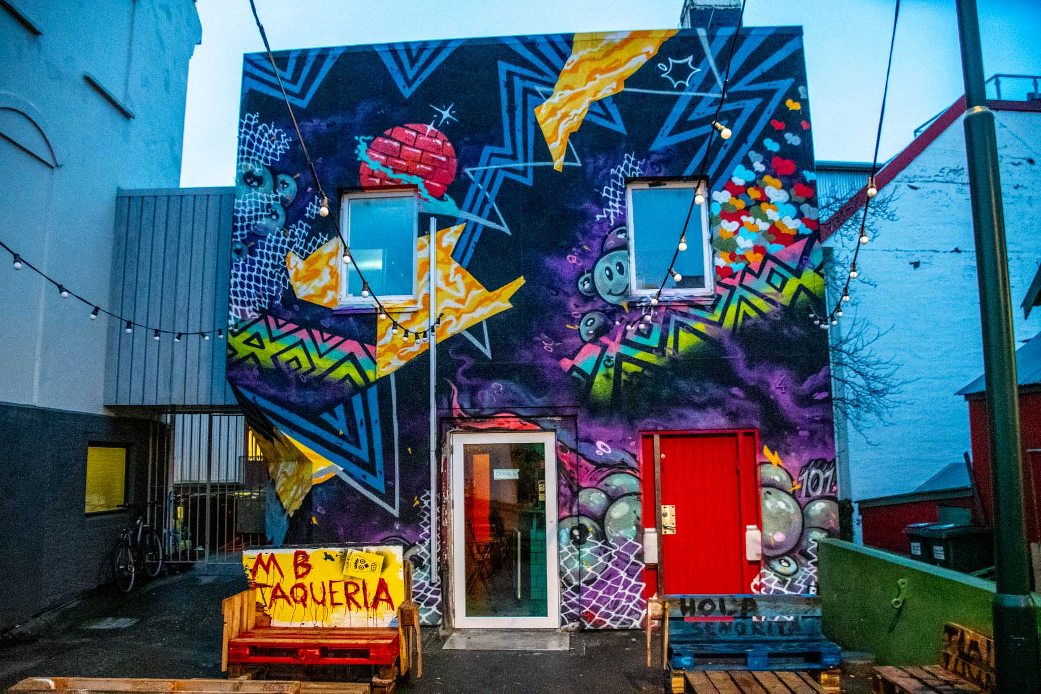 Wall murals at MB Taqueria in Reykjavik.