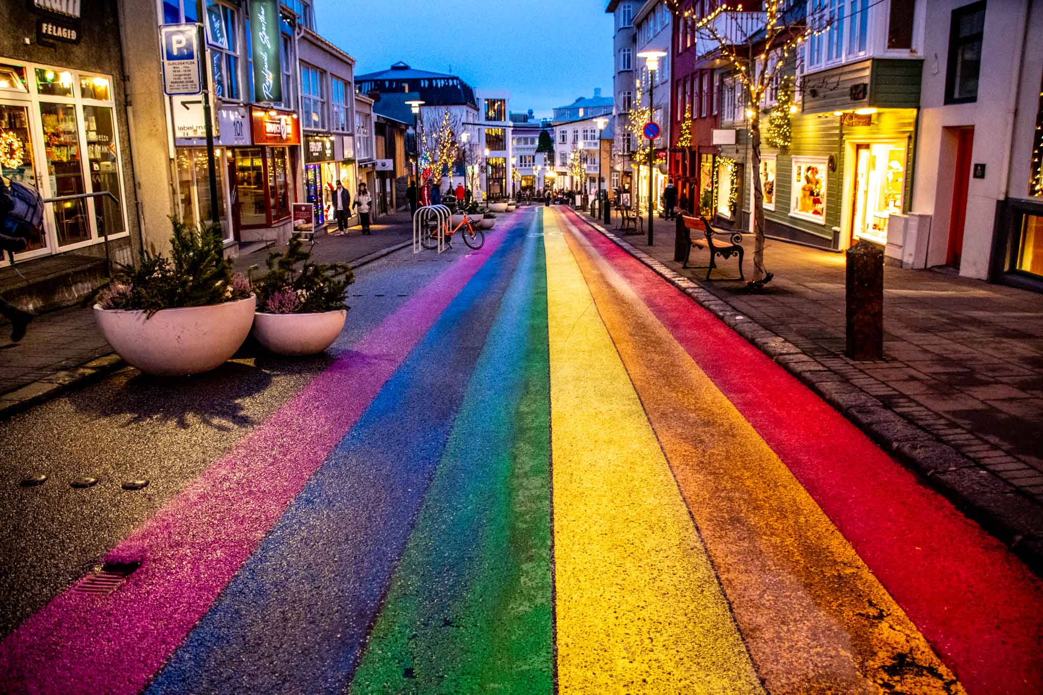 The rainbow pride flag painted on the street in Reykjavik.