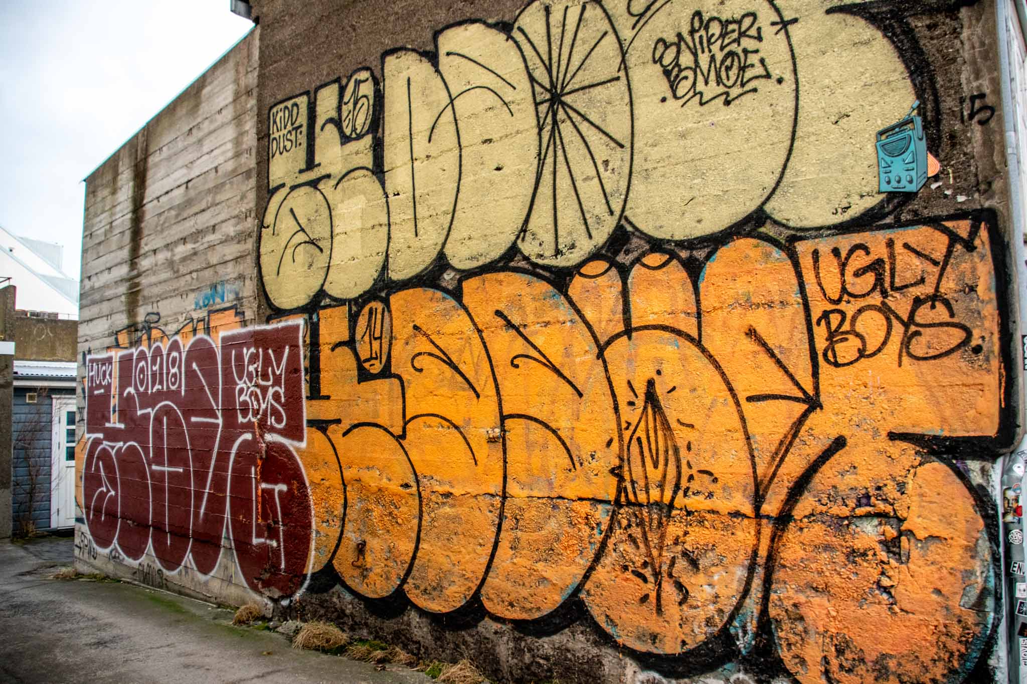 Street graffiti in Reykjavik by the Ugly Boys. This work is the common Bubble-style.