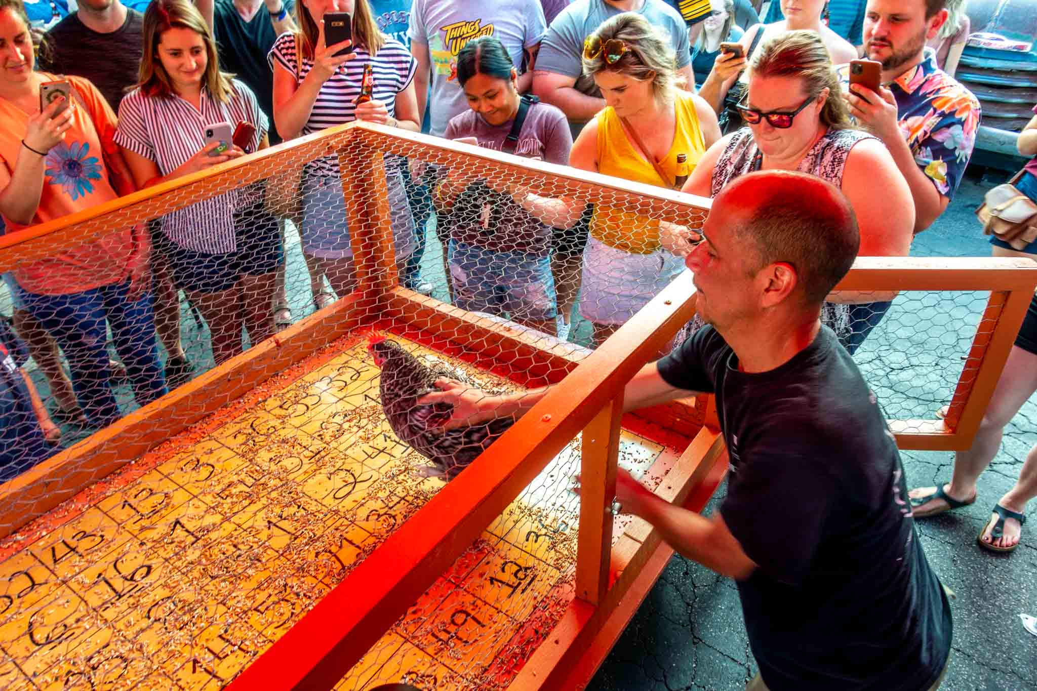 Man placing chicken onto bingo board