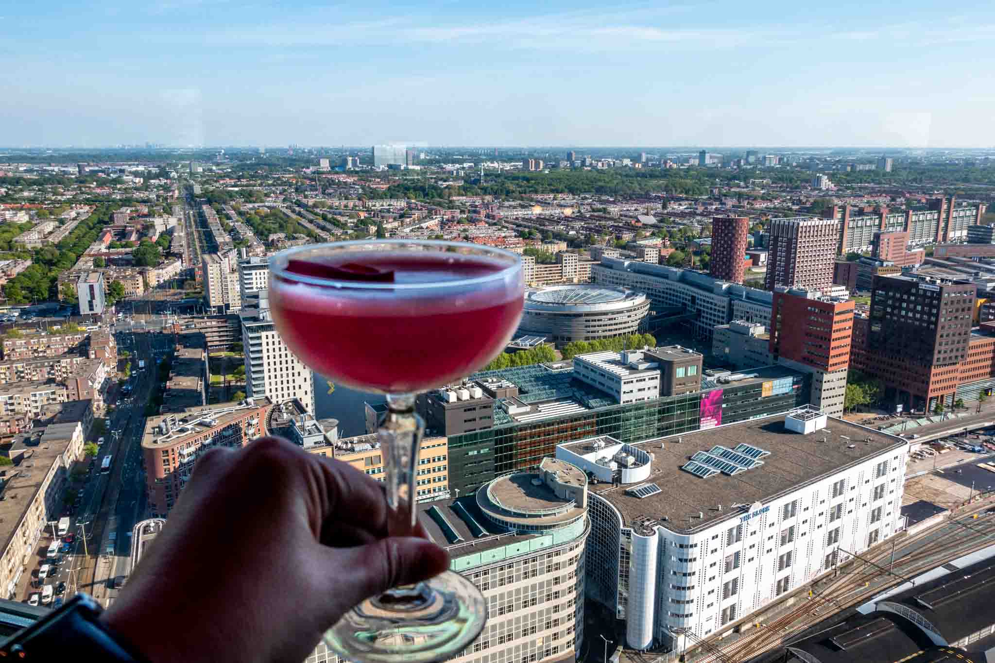 Person holding a cocktail overlooking the skyline of The Hague