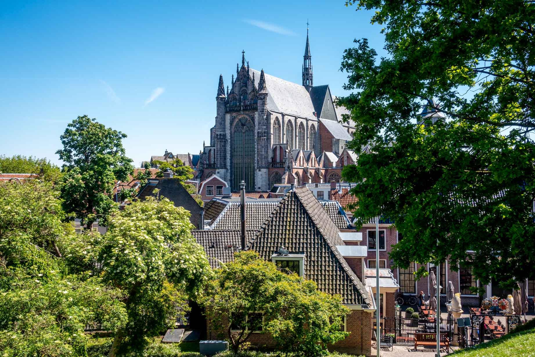 Large Gothic cathedral visible over smaller buildings below