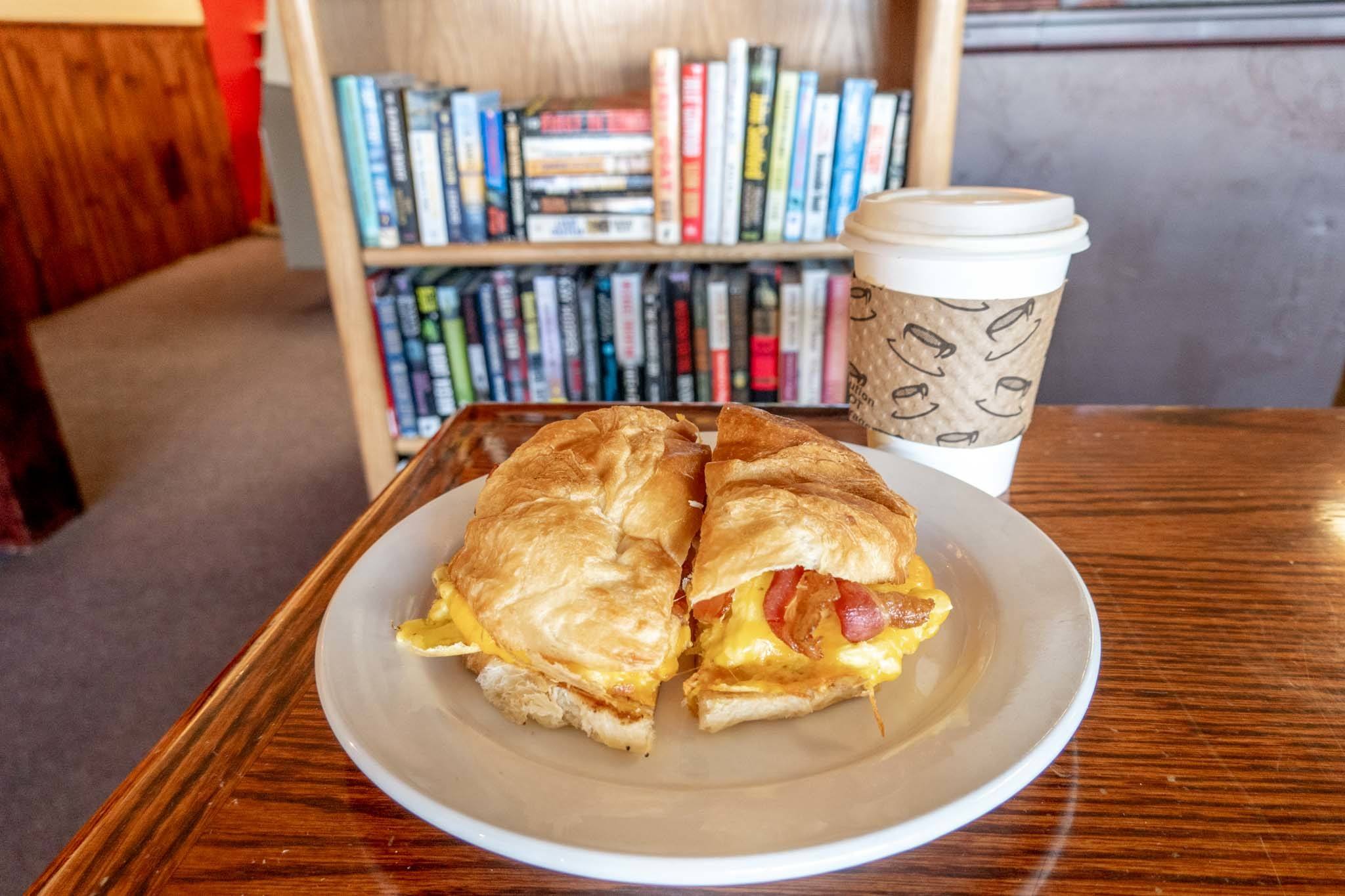 Breakfast sandwich and coffee at the Mid Town Cafe in Granby, Colorado
