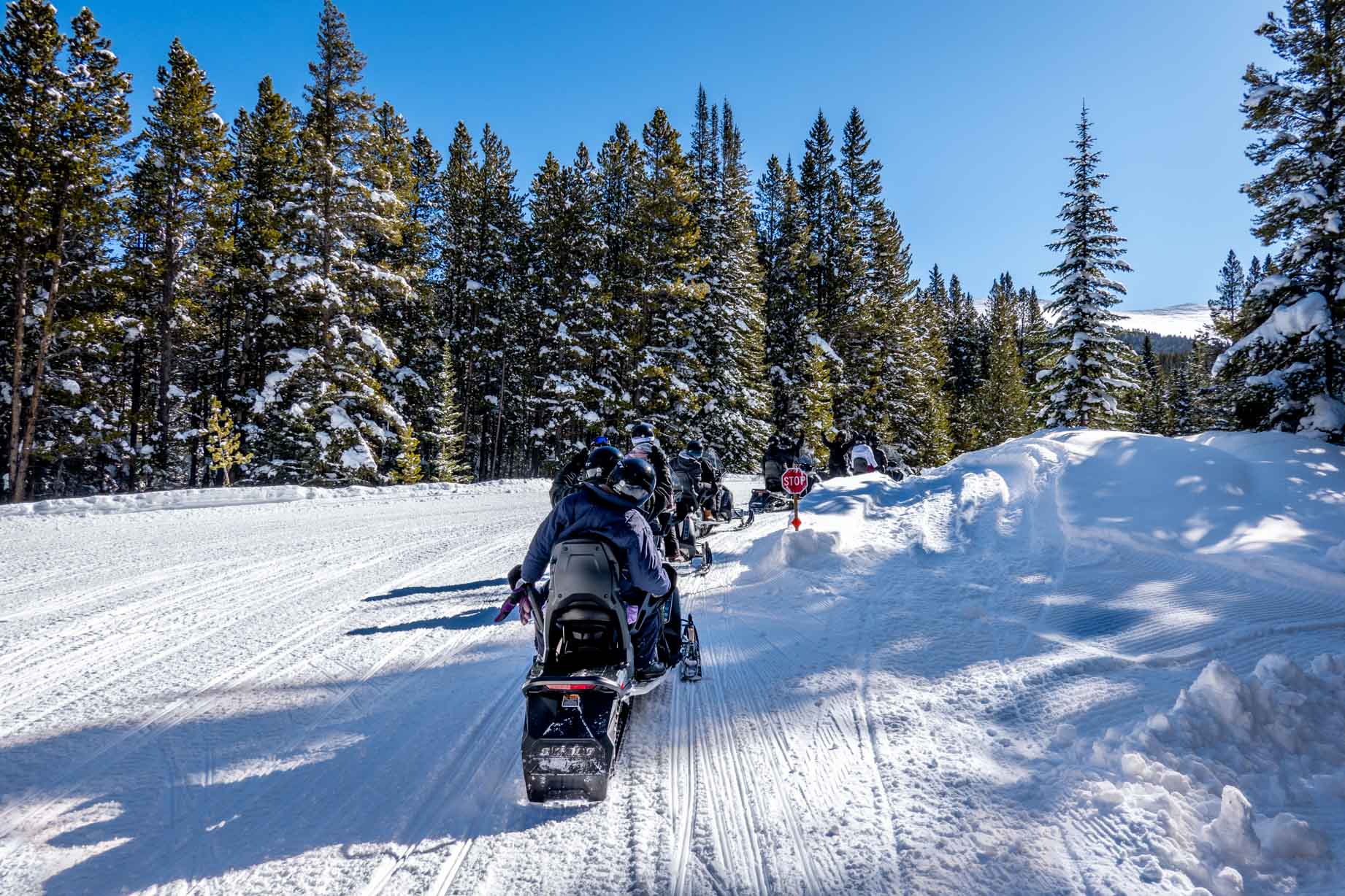 Group going snowmobiling in Winter Park up to the Corona Bowl